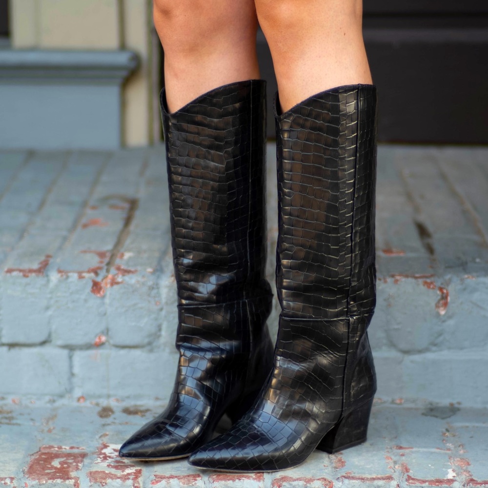 TIBI croc embossed black leather western boots 39/8.5
